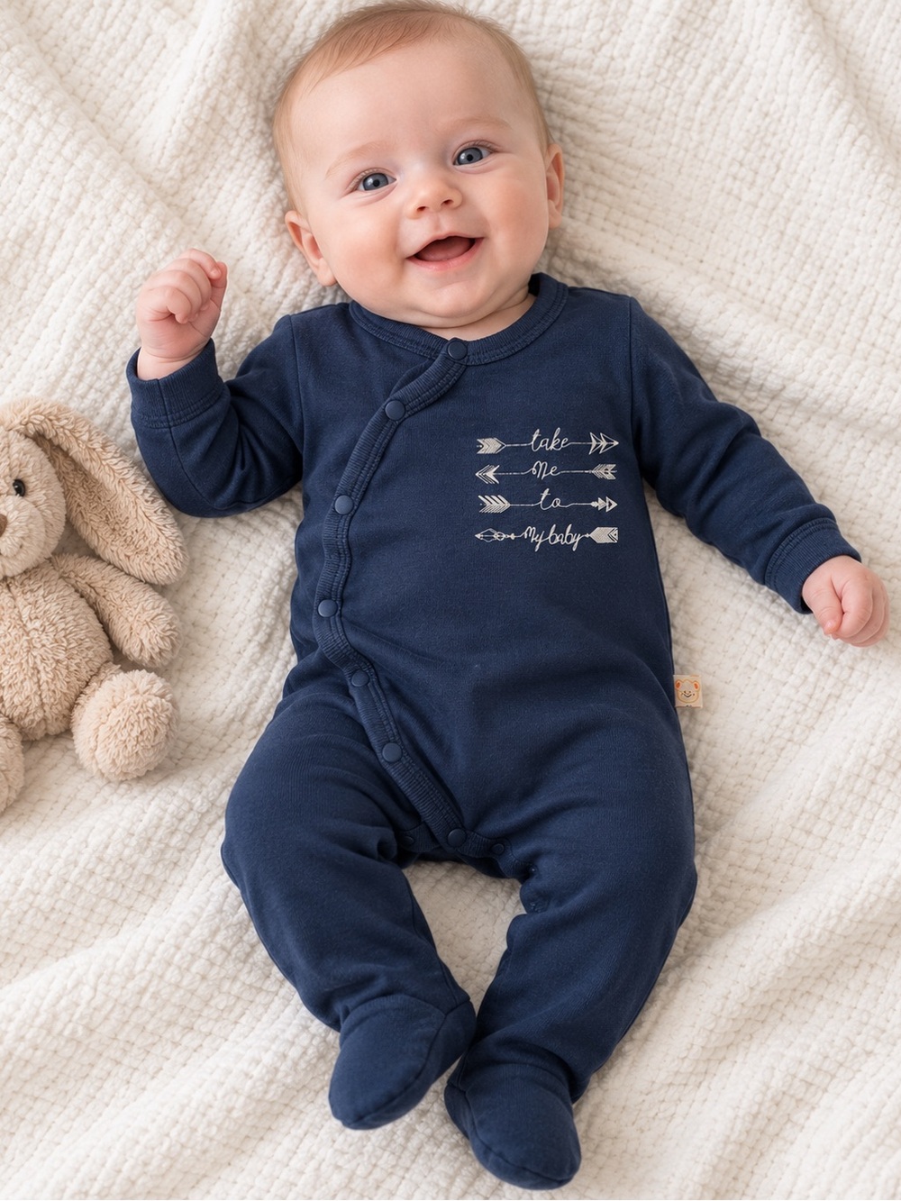 Baby Boy Navy Blue “Take Me To My Baby” Footed Romper Size 62 / 0–3M